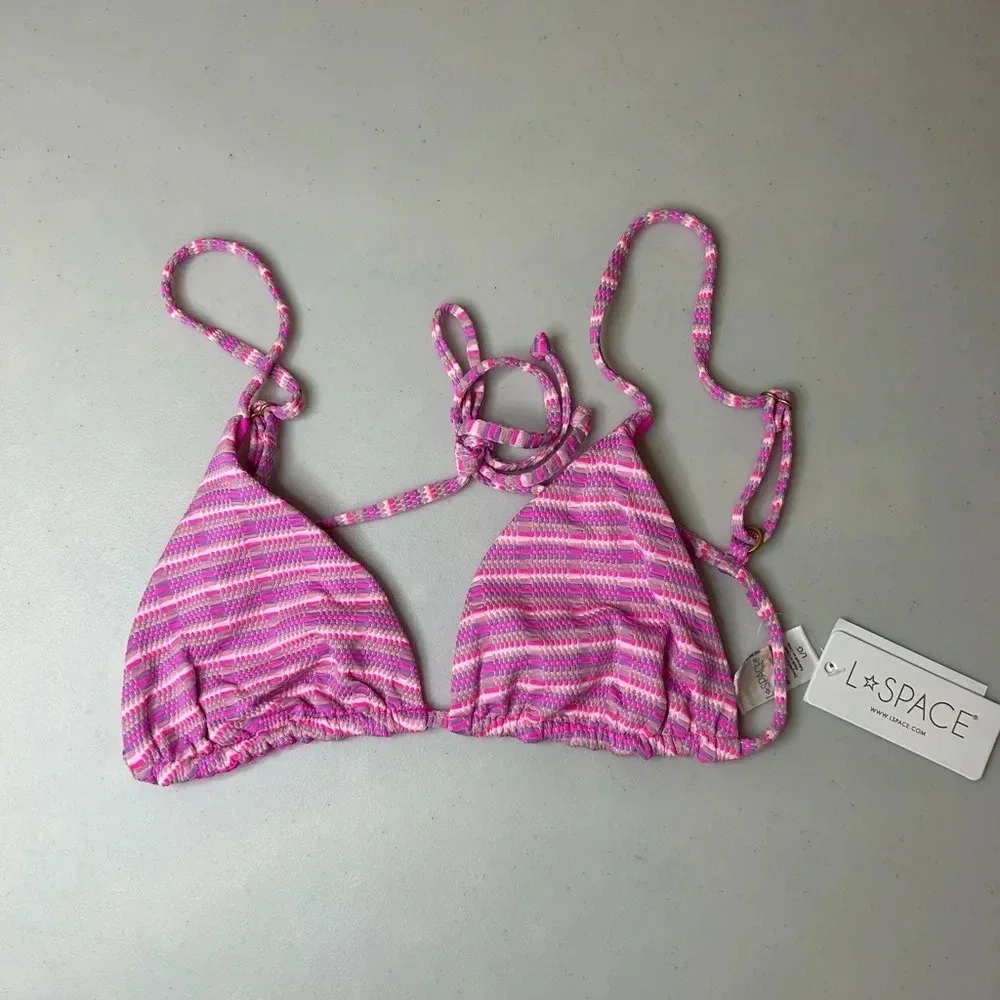 L*Space Brittany Triangle Bikini Top in Electric Pique Stripe Size Large NWT